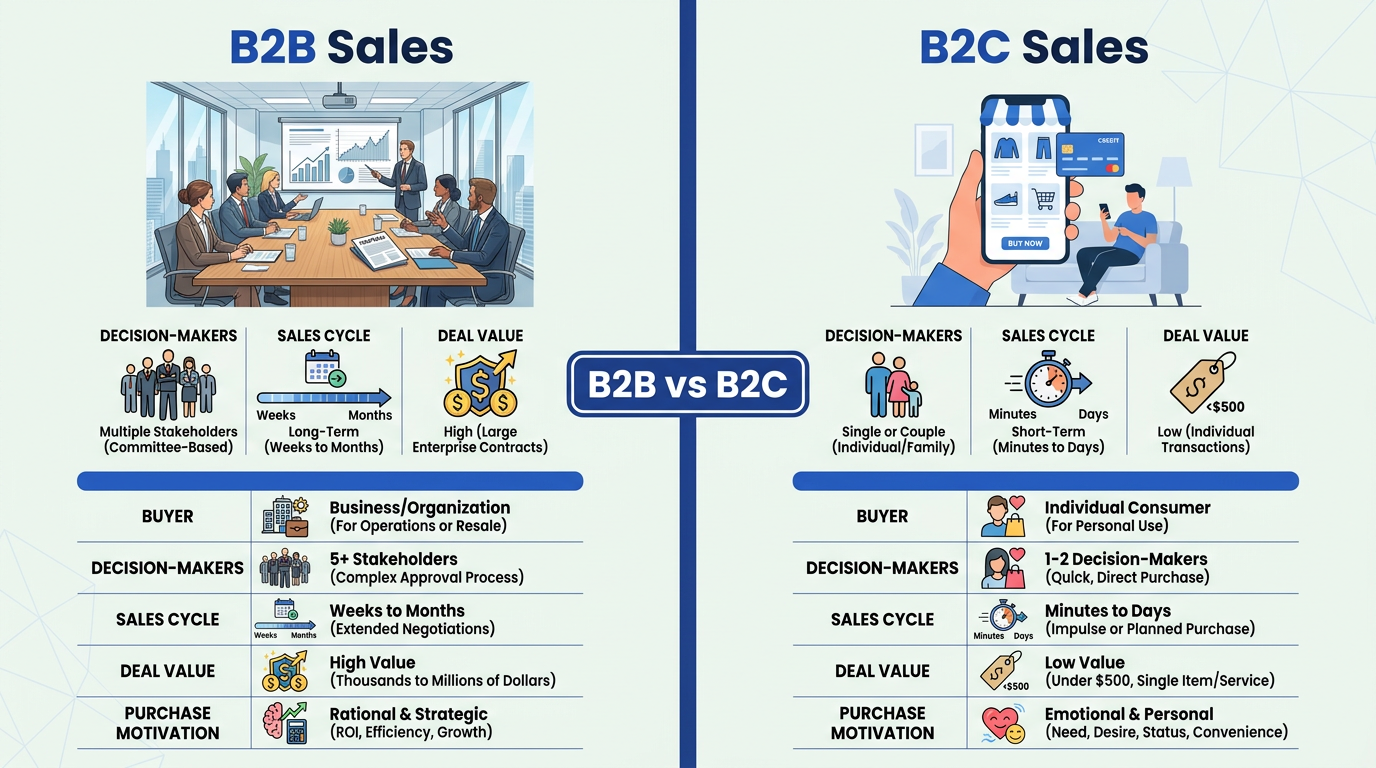 B2B vs B2C sales comparison infographic showing key differences