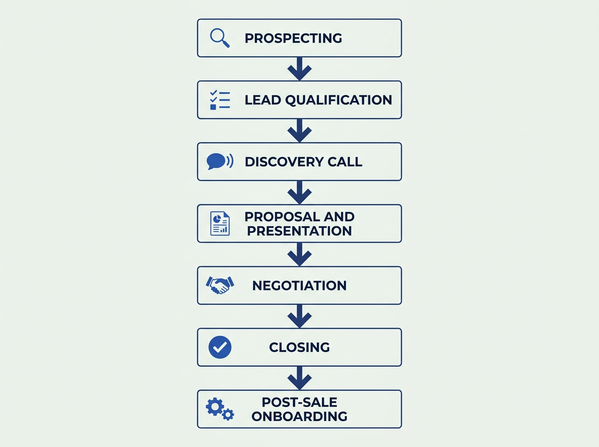 Vertical flowchart of the B2B sales process from prospecting to post-sale onboarding