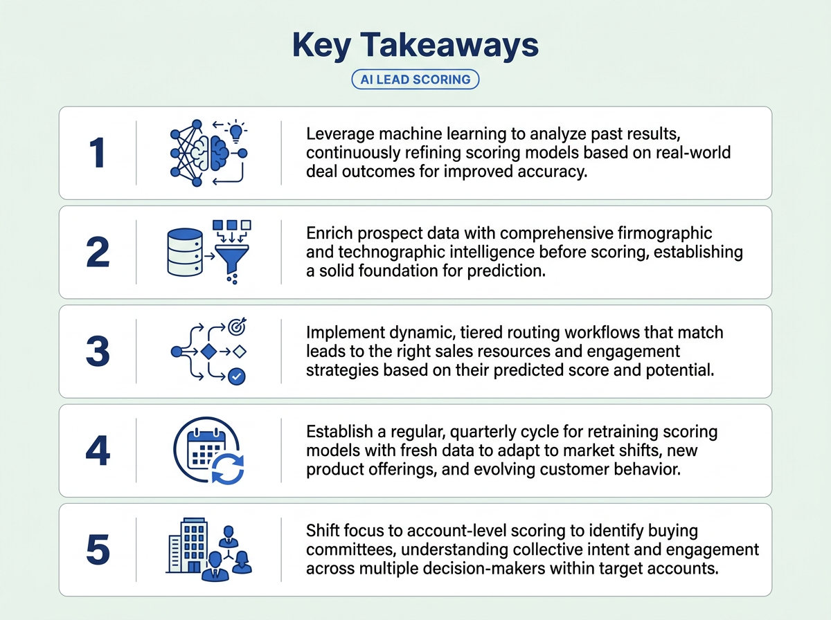 Five key takeaways infographic for implementing AI lead scoring effectively