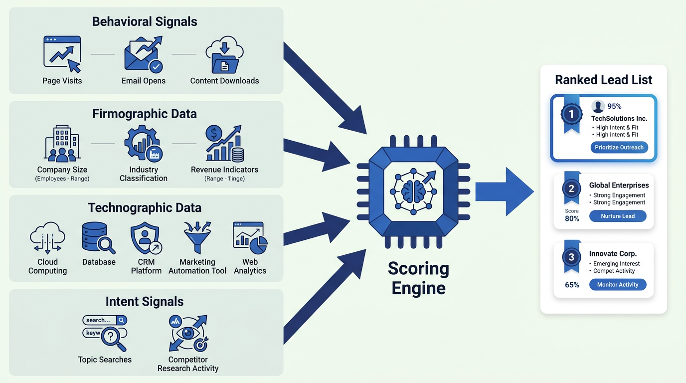 Architecture diagram of four AI lead scoring signal layers feeding a predictive scoring engine