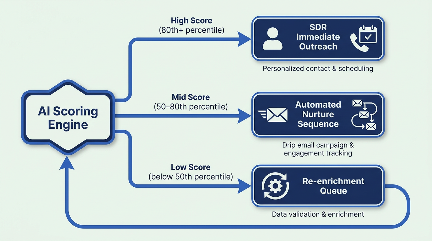 AI lead scoring flowchart showing three routing paths for SDR, nurture, and re-enrichment