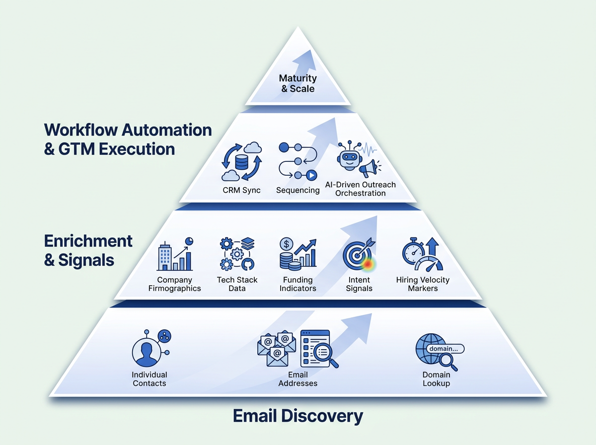 Pyramid diagram showing hunter.io email discovery as foundation with enrichment and GTM automation layers above