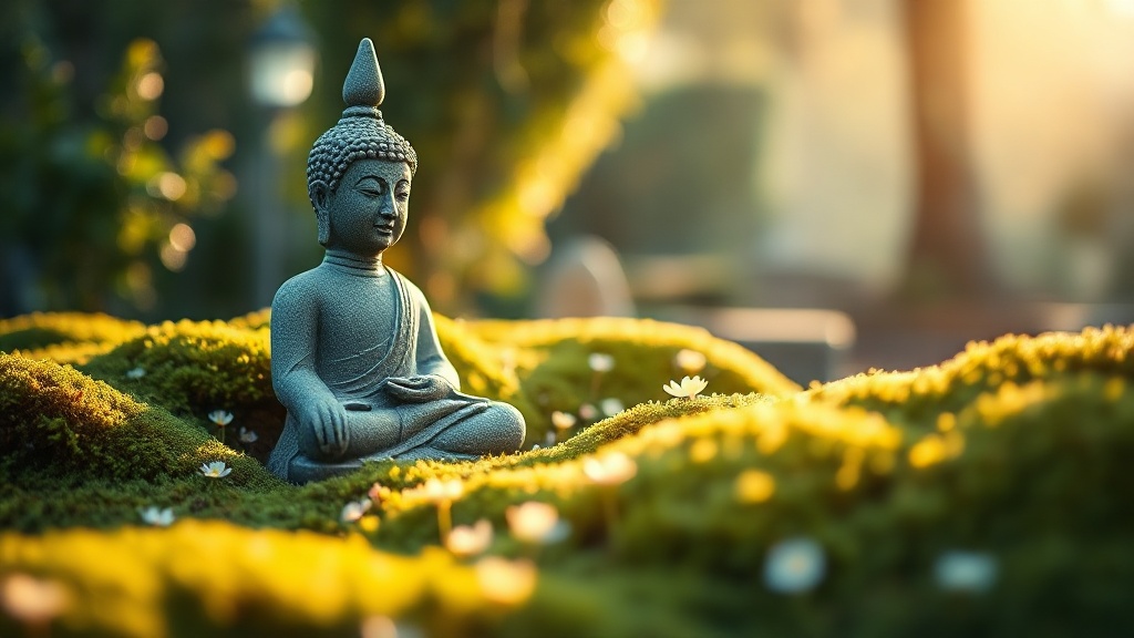 Statue de Bouddha en pierre dans un jardin zen entouré de mousse et de fleurs blanches, symbole du Nirvana et de la paix intérieure