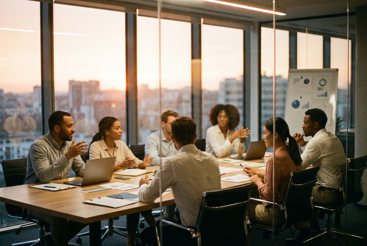 alt text: Music publishers and AI company representatives at a licensing negotiation table