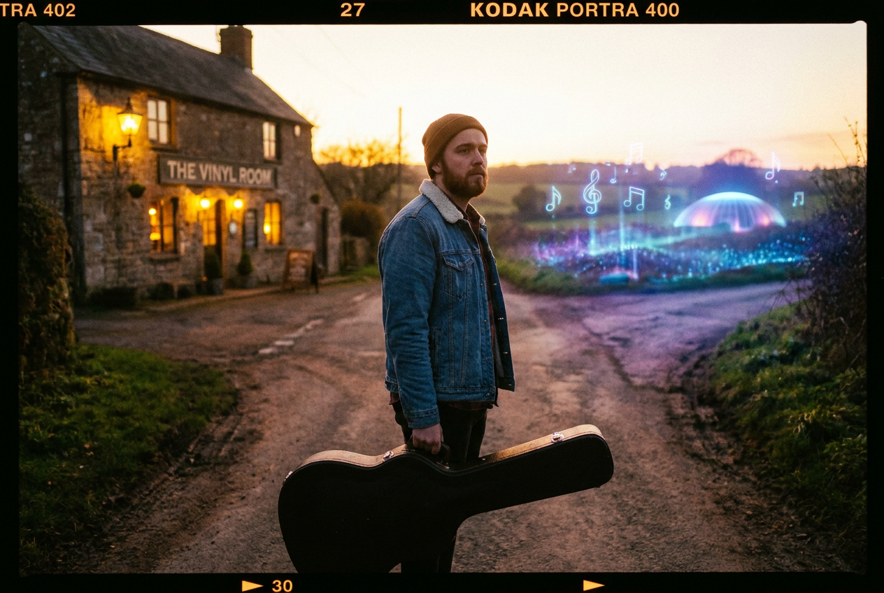alt text: Indie musician at a crossroads between traditional and AI-powered music paths