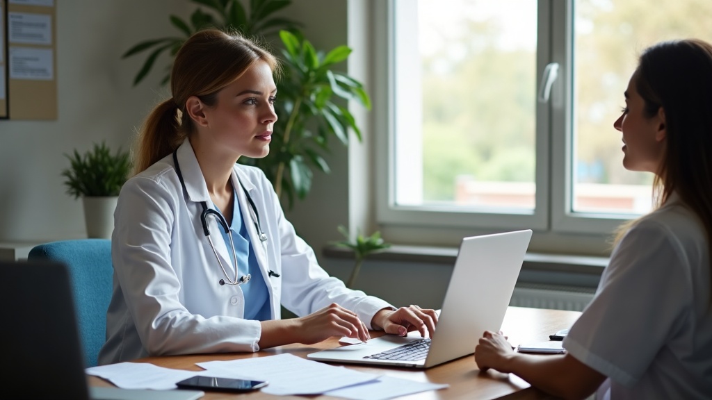 Médica em consultório brasileiro revisando conteúdo de blog com consultor de marketing.