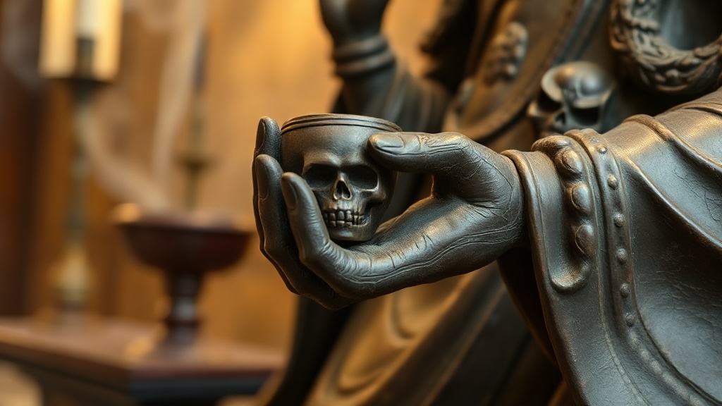 Bronze Tibetan wrathful deity hand holding a skull cup ritual vessel, aged patina detail