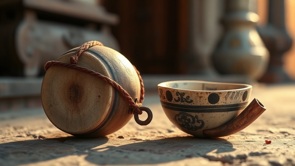 Himalayan tantric ritual objects including a damaru drum and bone ritual cup on stone surface