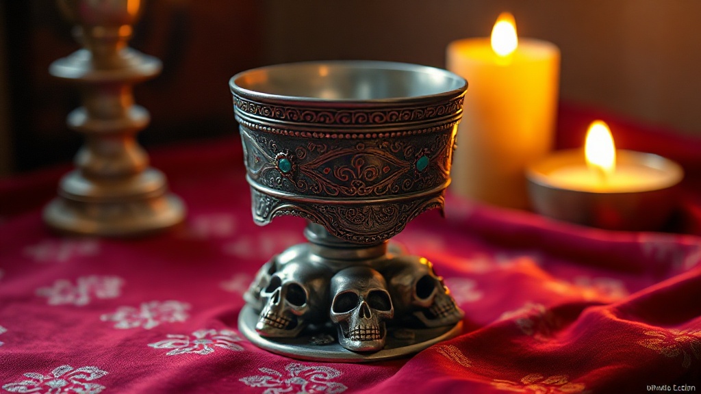 Tibetan silver kapala ritual cup with three-skull base and turquoise inlays on red brocade fabric