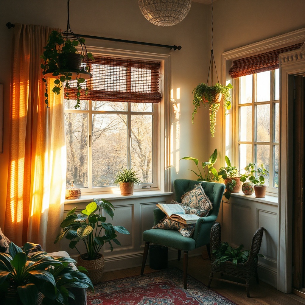 A cozy reading nook bathed in golden afternoon light, plants and warm tones