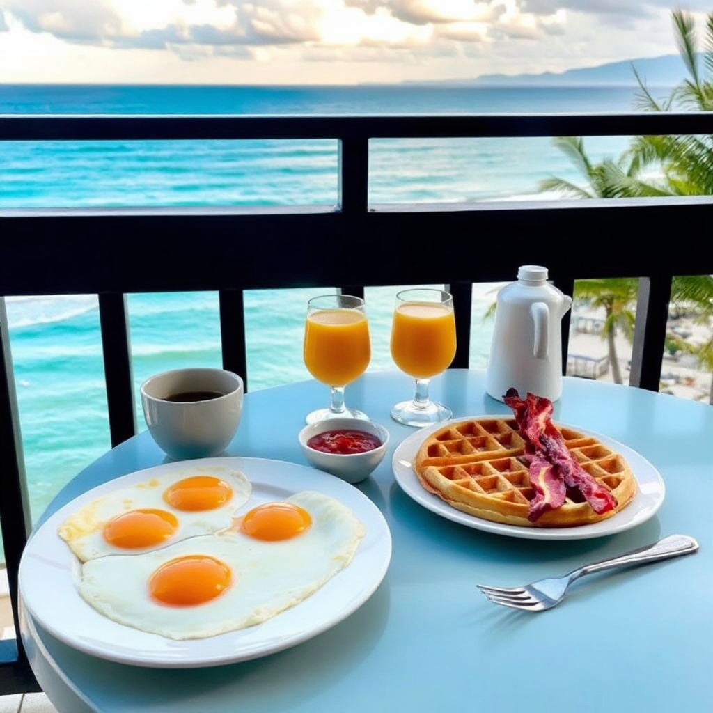 A table on a balcony with an ocean view filled with breakfast items. Eggs, waffles, bacon and orange juice