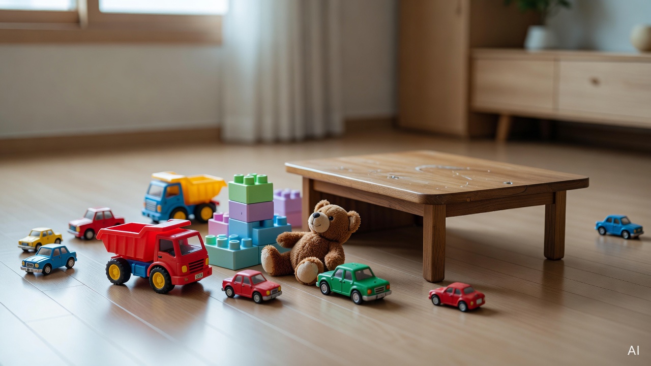 colorful children's toys scattered on a living room floor with a small wooden table
