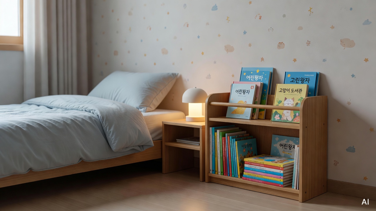 calm children's bedroom with soft lighting, small bookshelf and bedside nightlight