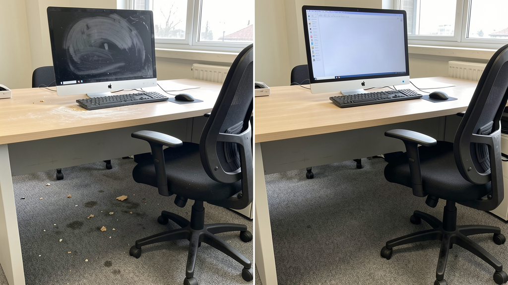 Before and after office cleaning comparison in the same West Yorkshire workspace