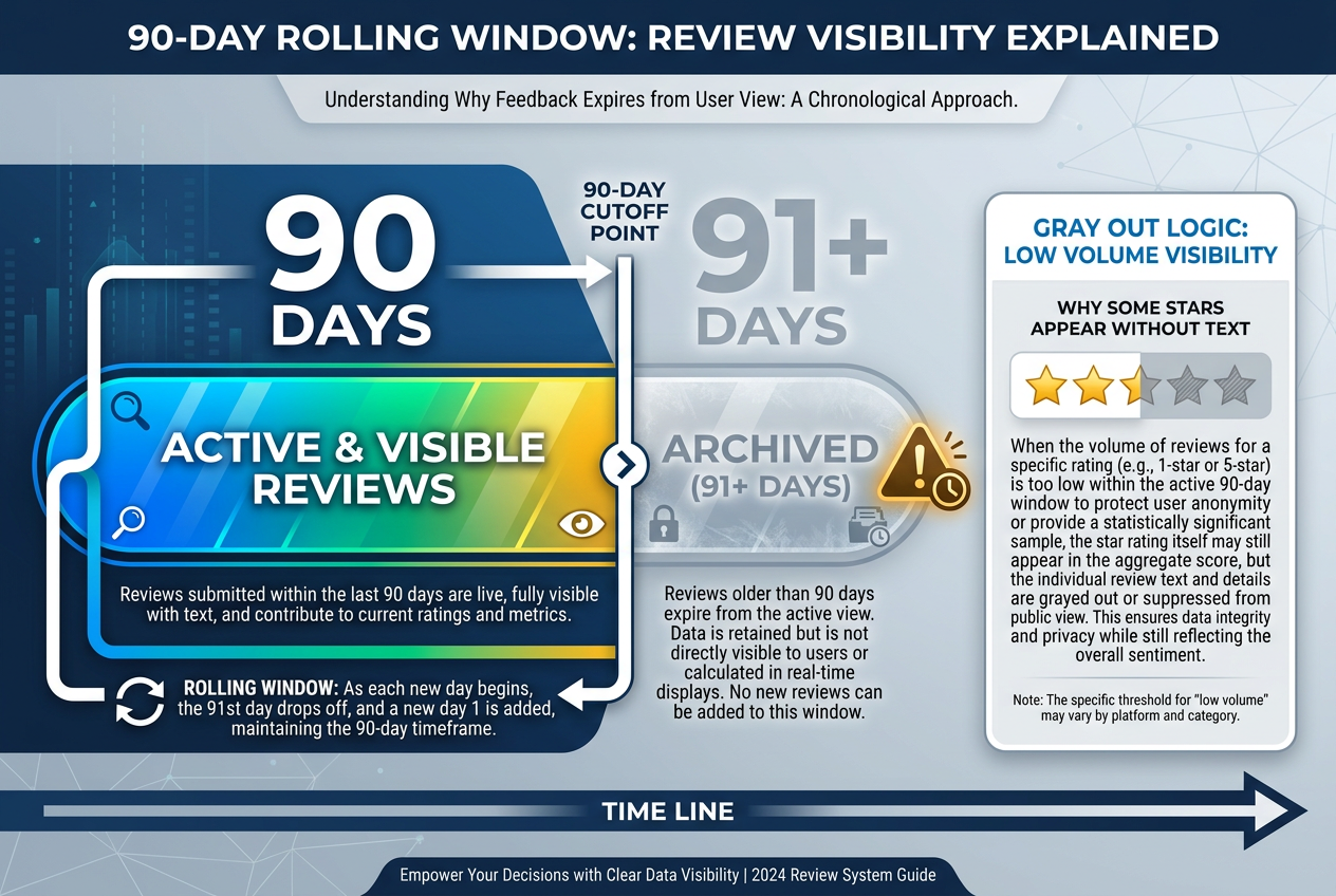 Infographic explaining the 90-day rolling window for Uber Eats reviews and why some restaurant ratings appear grayed out.