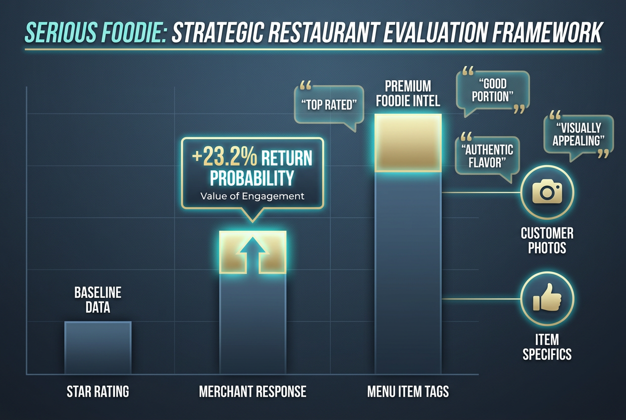 Strategic evaluation chart for Uber Eats users showing the value of merchant responses and menu-specific item tags over basic star ratings.