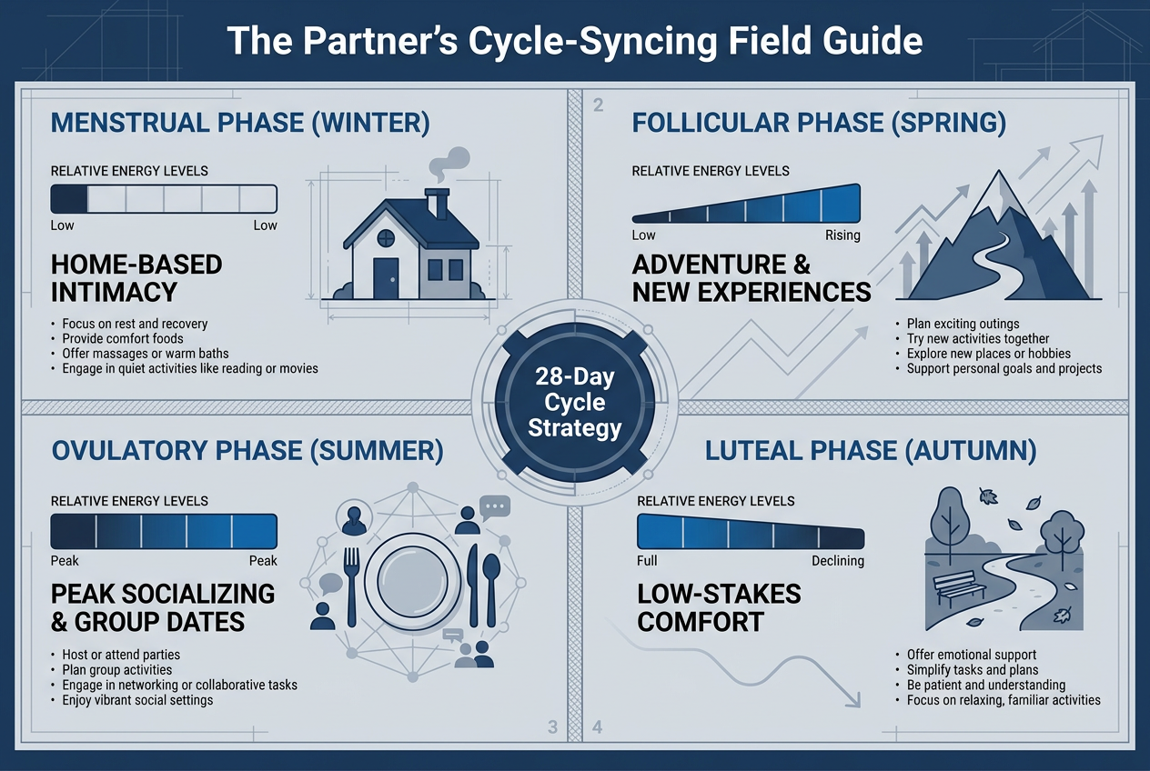 An infographic titled The Partner's Cycle-Syncing Field Guide mapping four phases of the menstrual cycle to specific romantic date categories.