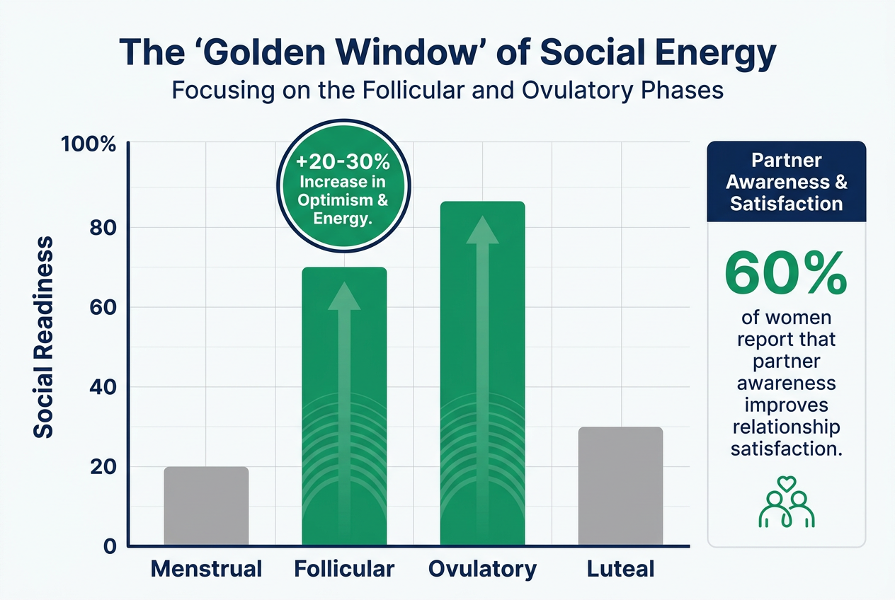A bar chart showing social energy peaks during the follicular and ovulatory phases, highlighting a 20-30 percent increase in social readiness.