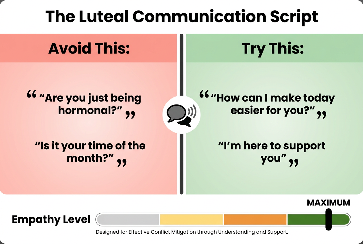 A comparison chart showing supportive versus unsupportive phrases to use with a partner during the luteal phase of her menstrual cycle.
