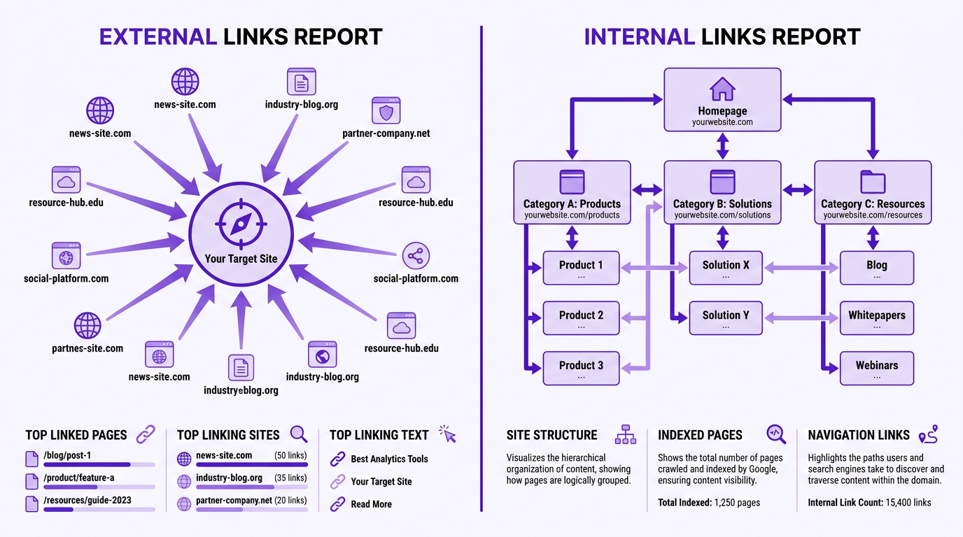 Diagram comparing Google Search Console external links report and internal links report