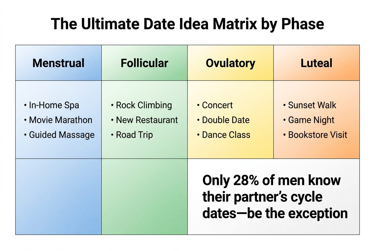 A matrix providing specific date ideas for each phase of the menstrual cycle, ranging from low-energy home dates to high-energy social activities.