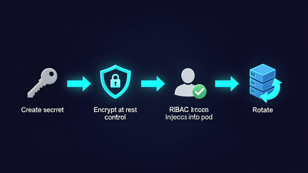 Kubernetes secrets management workflow: Create, Encrypt, Access Control, Inject, Rotate