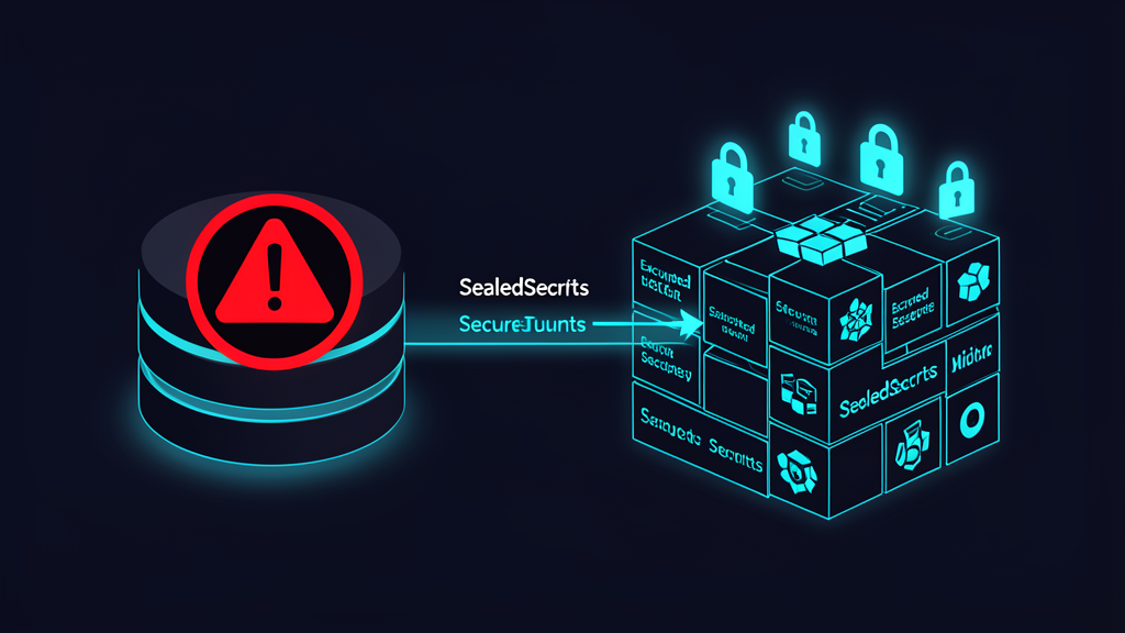 Secure GitOps workflow: encrypted SealedSecrets flowing from Git repository to Kubernetes cluster