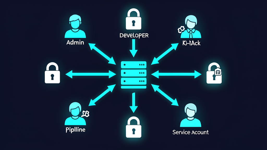 Kubernetes RBAC access control diagram showing different permission levels for admin, developer, CI/CD, and service accounts