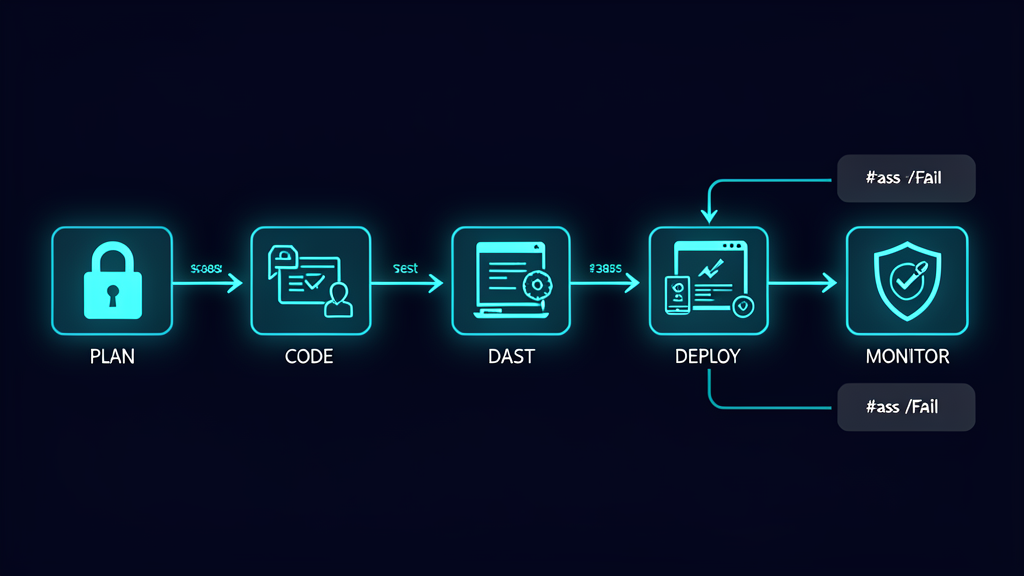 DevSecOps pipeline with security gates at each stage: Plan, Code, Build, Test, Deploy, Monitor
