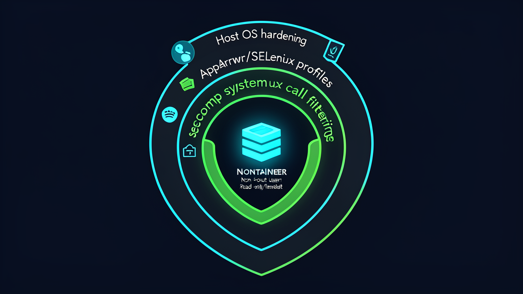 Container runtime security layers: Host OS, AppArmor/SELinux, seccomp, container with non-root user and read-only filesystem