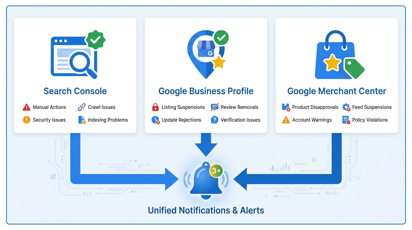 Infographic comparing Google Search Console, Business Profile, and Merchant Center SB2262 notifications