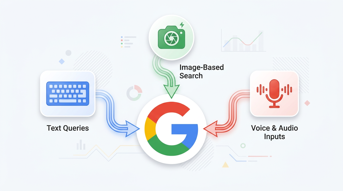 Illustration of keyboard, camera, and microphone inputs feeding into Google Search Services History