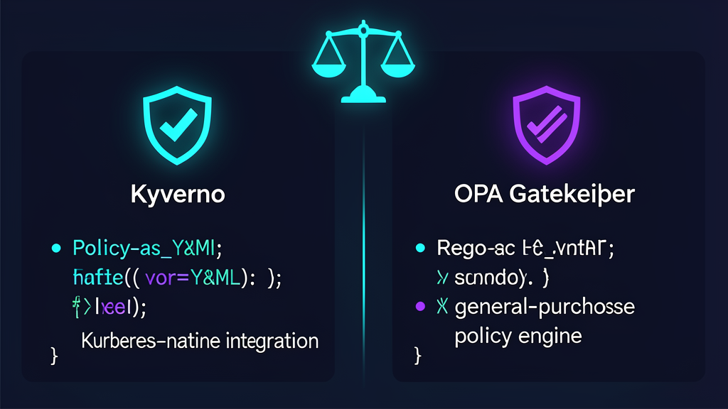 Comparison: Kyverno (YAML policies, Kubernetes-native) vs OPA Gatekeeper (Rego policies, general-purpose) side by side