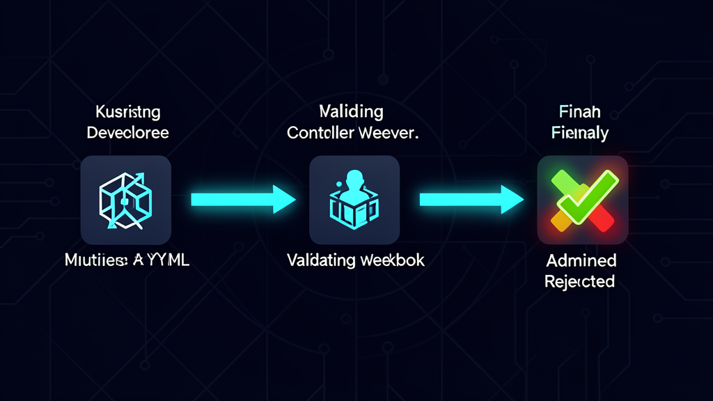 Kubernetes admission controller workflow: developer submits YAML, passes through mutating webhook, then validating webhook, admitted or rejected