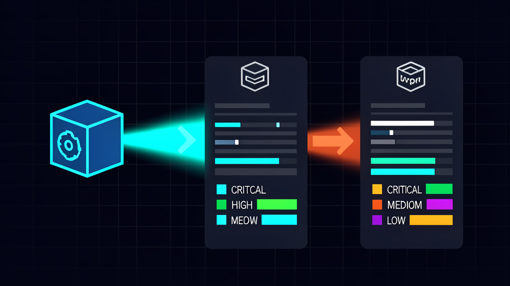 Container vulnerability scanning workflow: Docker image pushed to registry, scanned by tools, producing severity reports