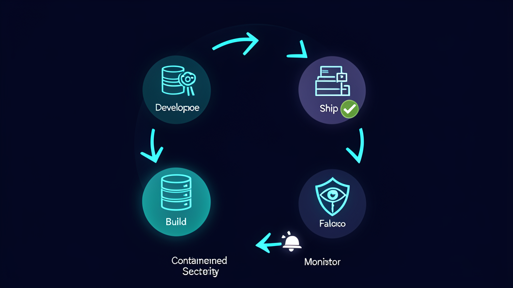 Container security lifecycle: Build (developer coding), Ship (image scan), Run (Kubernetes deployment), Monitor (Falco alerting)