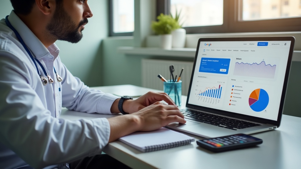 Dentista em consultório calculando custos mensais de anúncios no Google e Instagram.