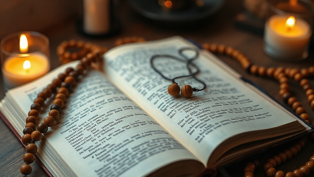 Journal ouvert avec un mala tibétain posé dessus, symbolisant la réflexion et la pratique bouddhiste