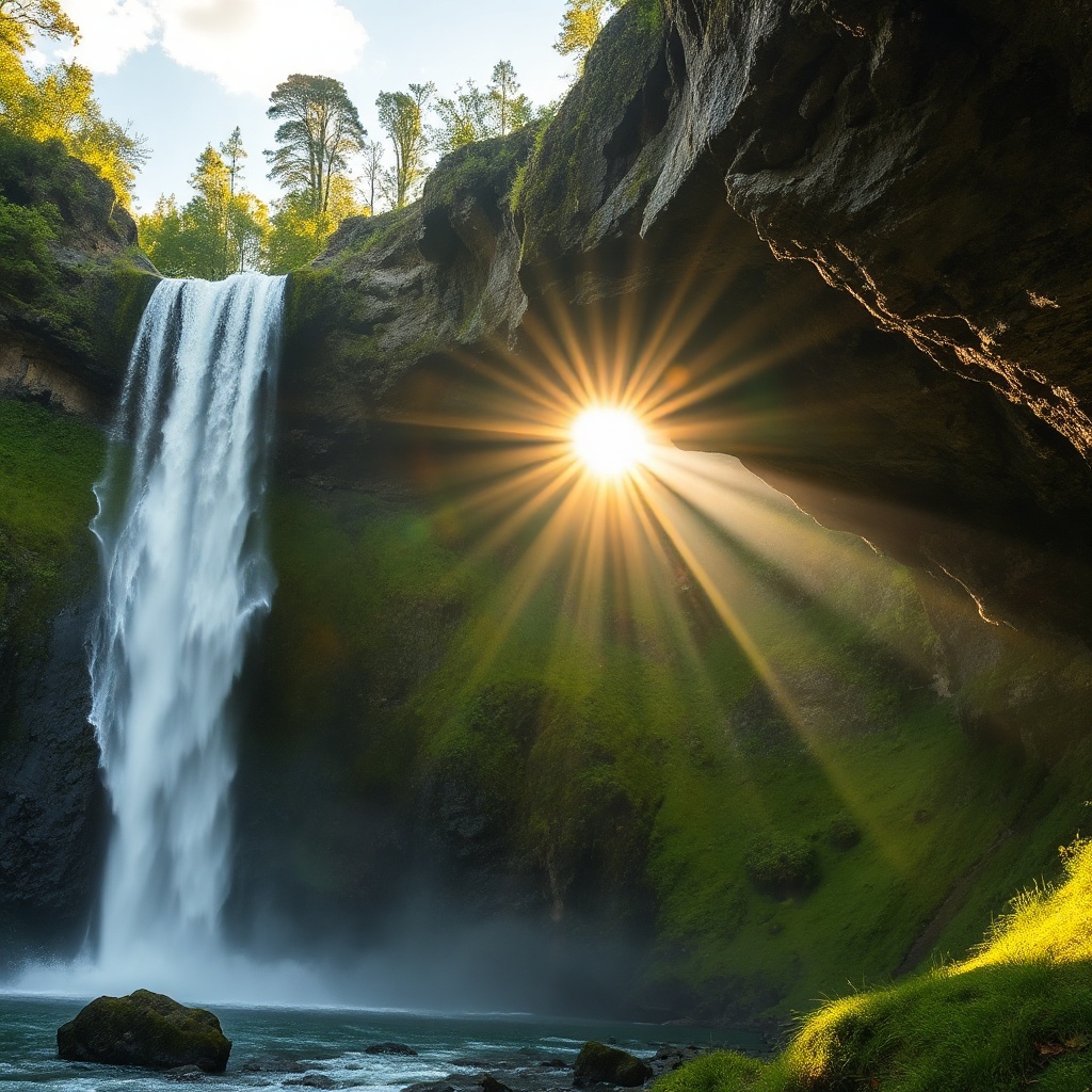 a waterfall coming from a rock with sunshine rays peaking through the background of the rock and green majestic scenery all around