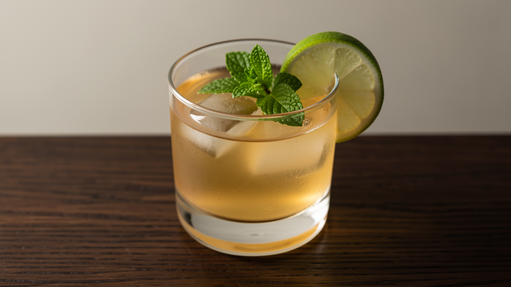 Rx No. 8 cocktail in a rocks glass, light golden color with fresh mint garnish