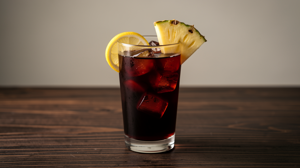 Bad Birdy cocktail in a tall glass with ice, dark wine-colored with pineapple and lemon garnish