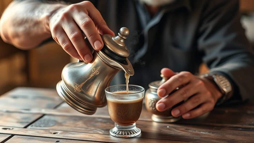 Mains versant du thé à la menthe chaud dans un verre depuis une théière marocaine argentée