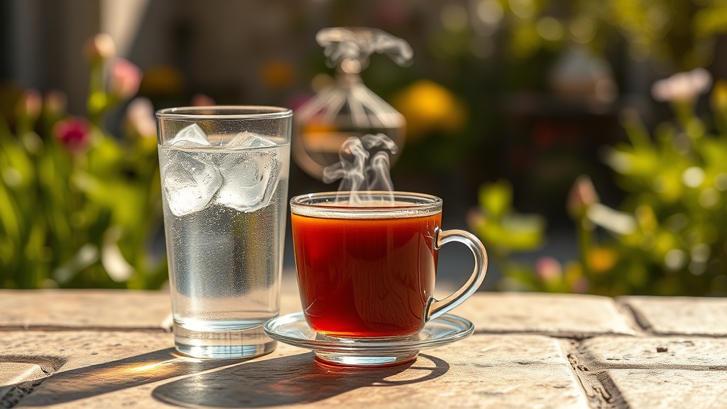 Verre d'eau froide et tasse de thé chaud côte à côte sur une terrasse ensoleillée en été