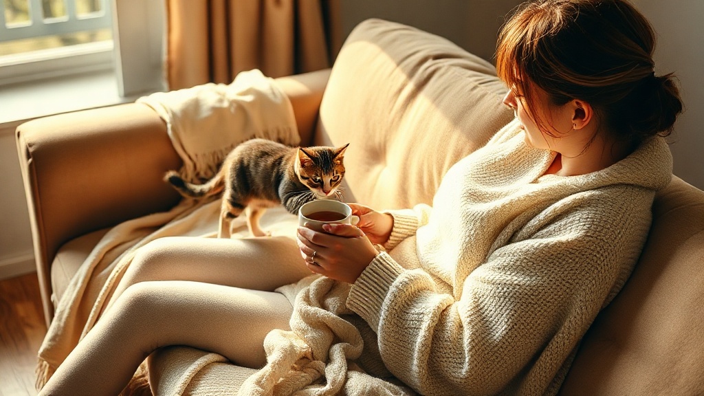 Rituel de relaxation du soir avec une tasse de thé et un chat sur les genoux