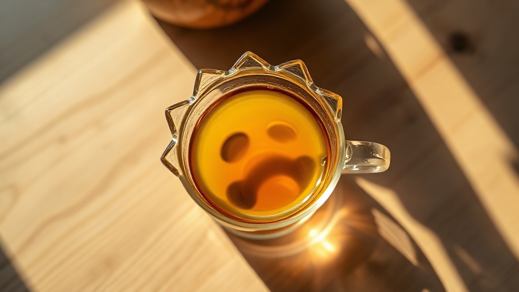 Verre en forme de patte de chat vu de dessus avec du thé qui infuse à l'intérieur