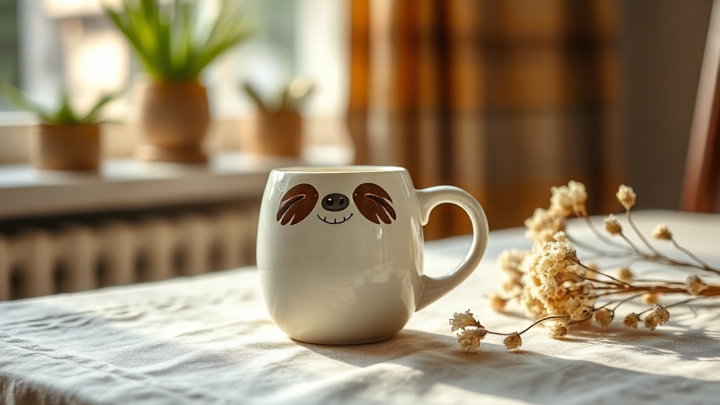 Mug paresseux en céramique posé sur une nappe en lin avec des fleurs séchées