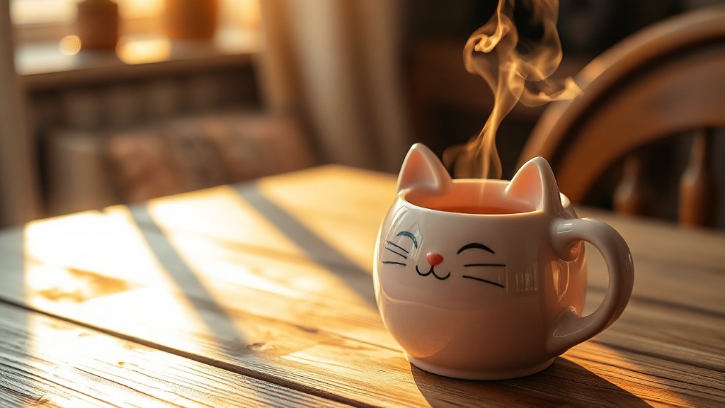 Tasse chat en céramique rose avec couvercle, posée sur une table en bois
