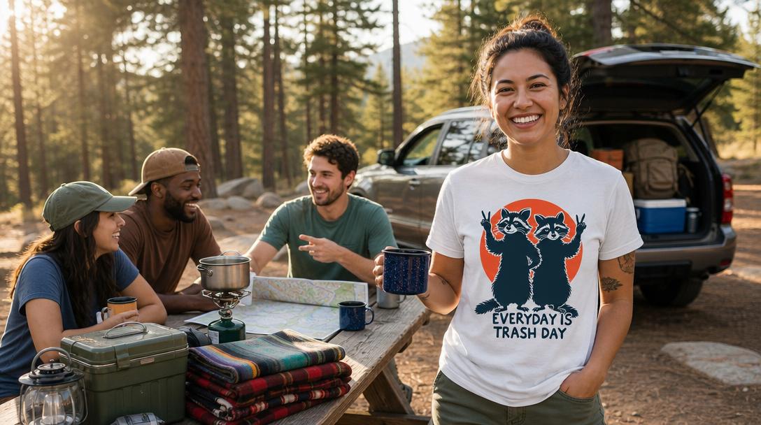 Hiker on forest trail considering which shirt to wear