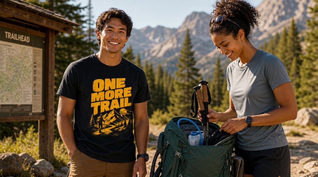 Graphic tee and technical hiking shirt side by side