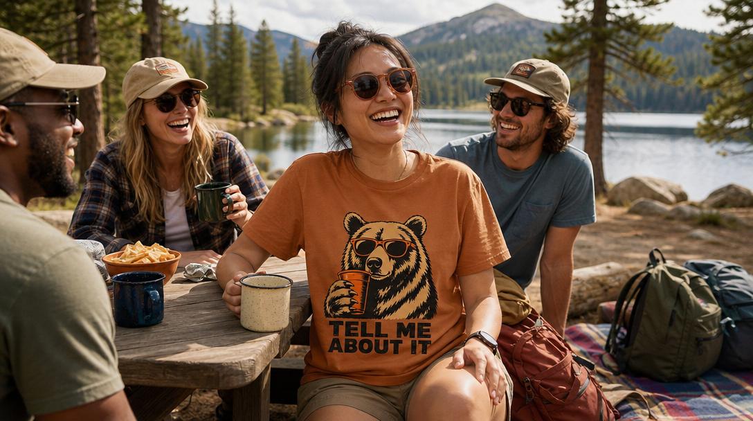 Person wearing a graphic tee outdoors near trees